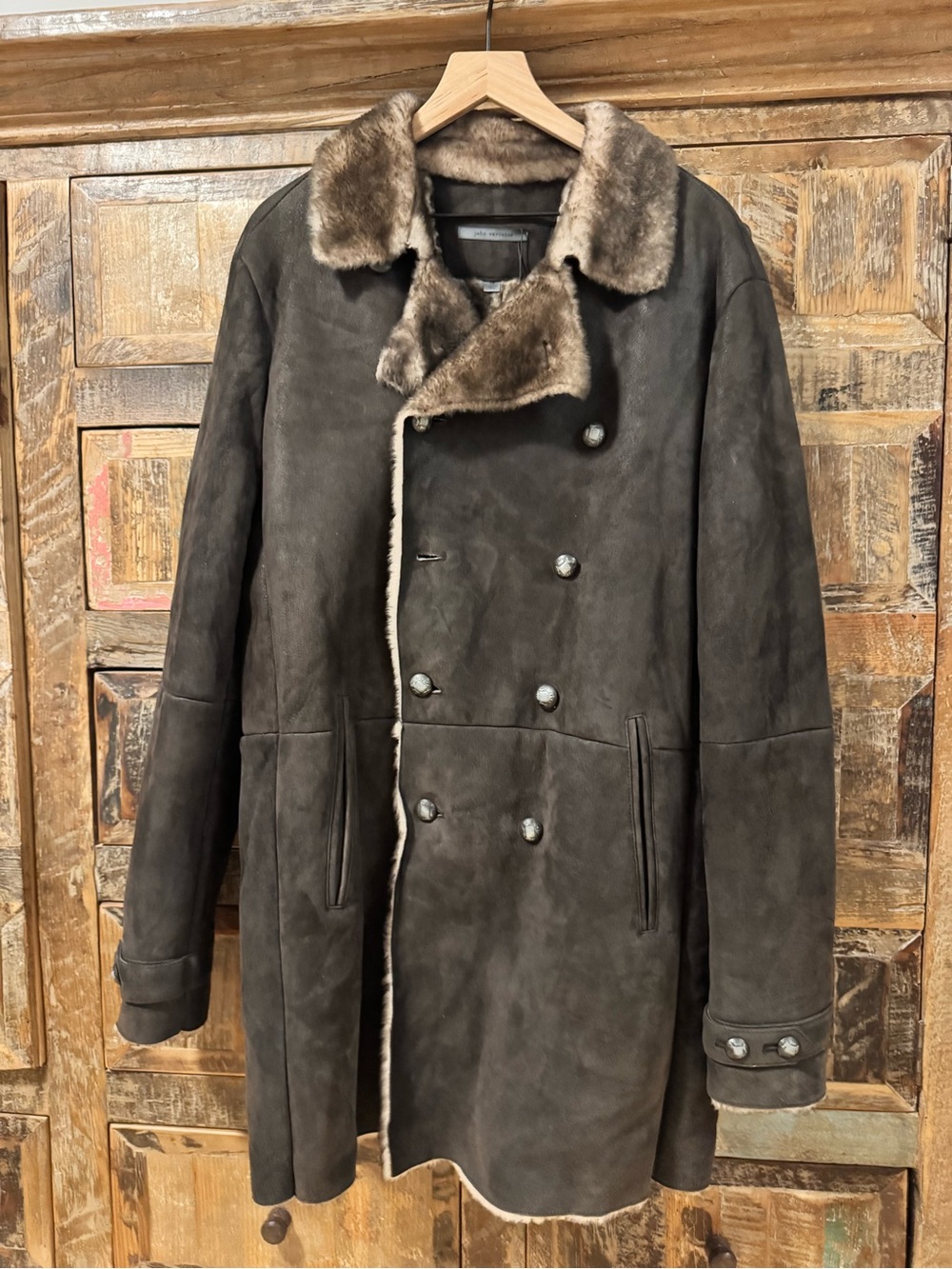 Men's Double-Breasted Shearling Peacoat in Dark Brown